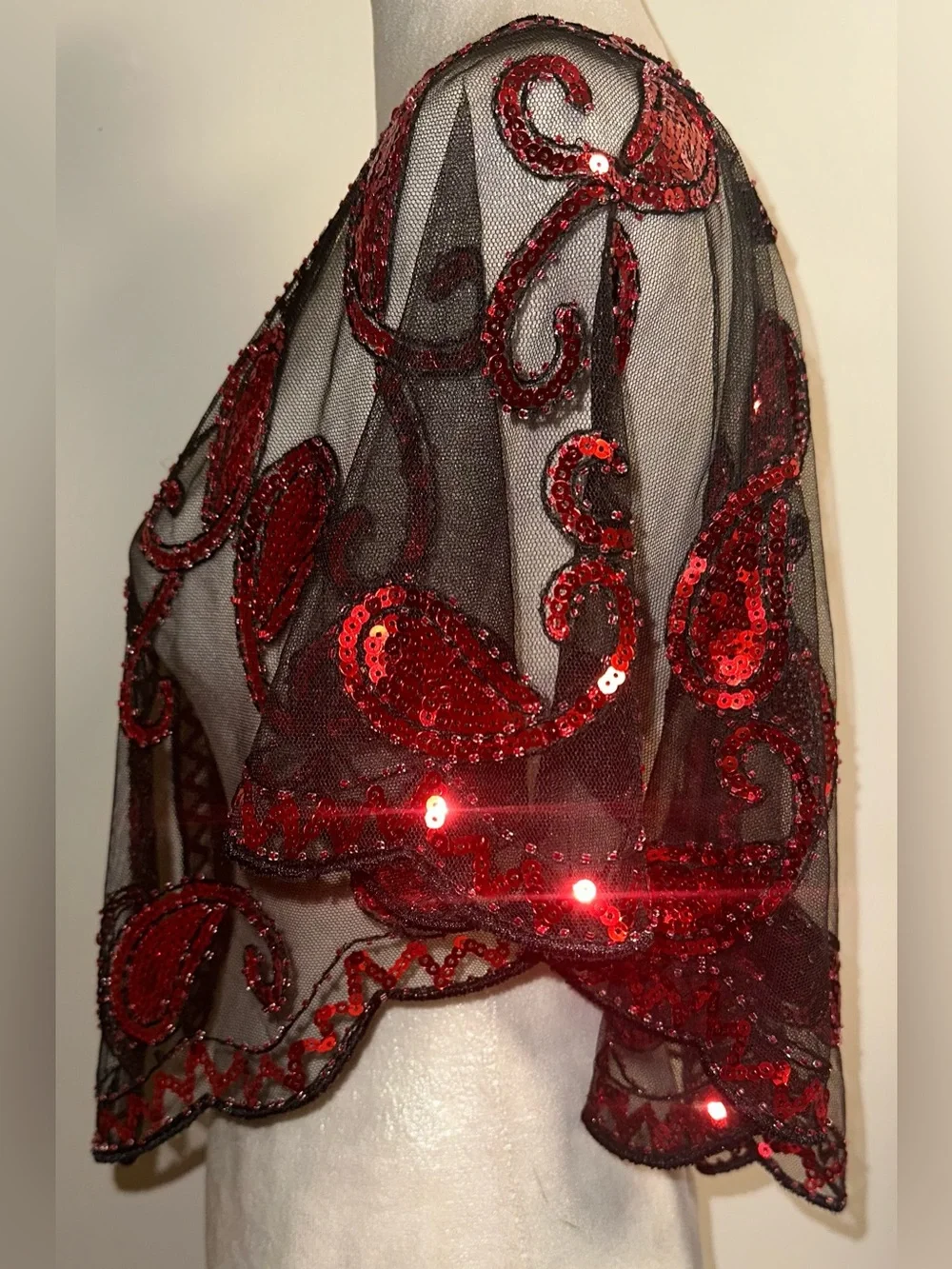 Vintage-Inspired Black Mesh & Red Sequin Shawl
